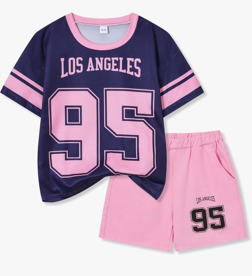 2 Pc Outfit Set Casual Loose Tee Shirt Skinny Shorts Teen Girls Clothing 11/12